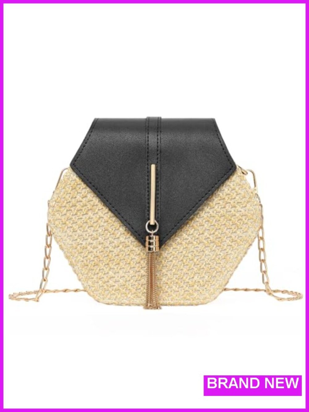 Straw Crossbody Bag with Metal Chain Tassel Summer Beach Purse